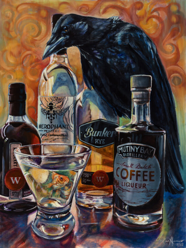 A Raven within a setting of liquor bottles and a glass containing a goldfish