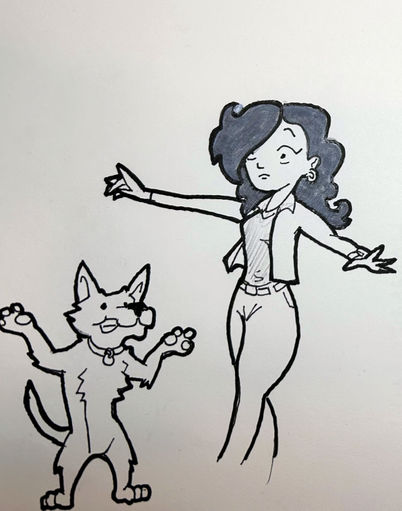 Pen and Ink comic strip characters of a brunette woman and a dog