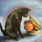A cat ponders a bowl of fruit