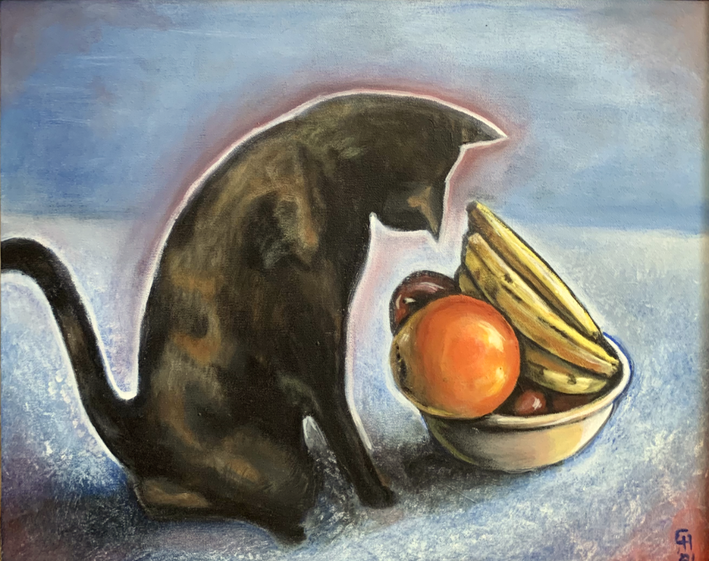 A cat ponders a bowl of fruit